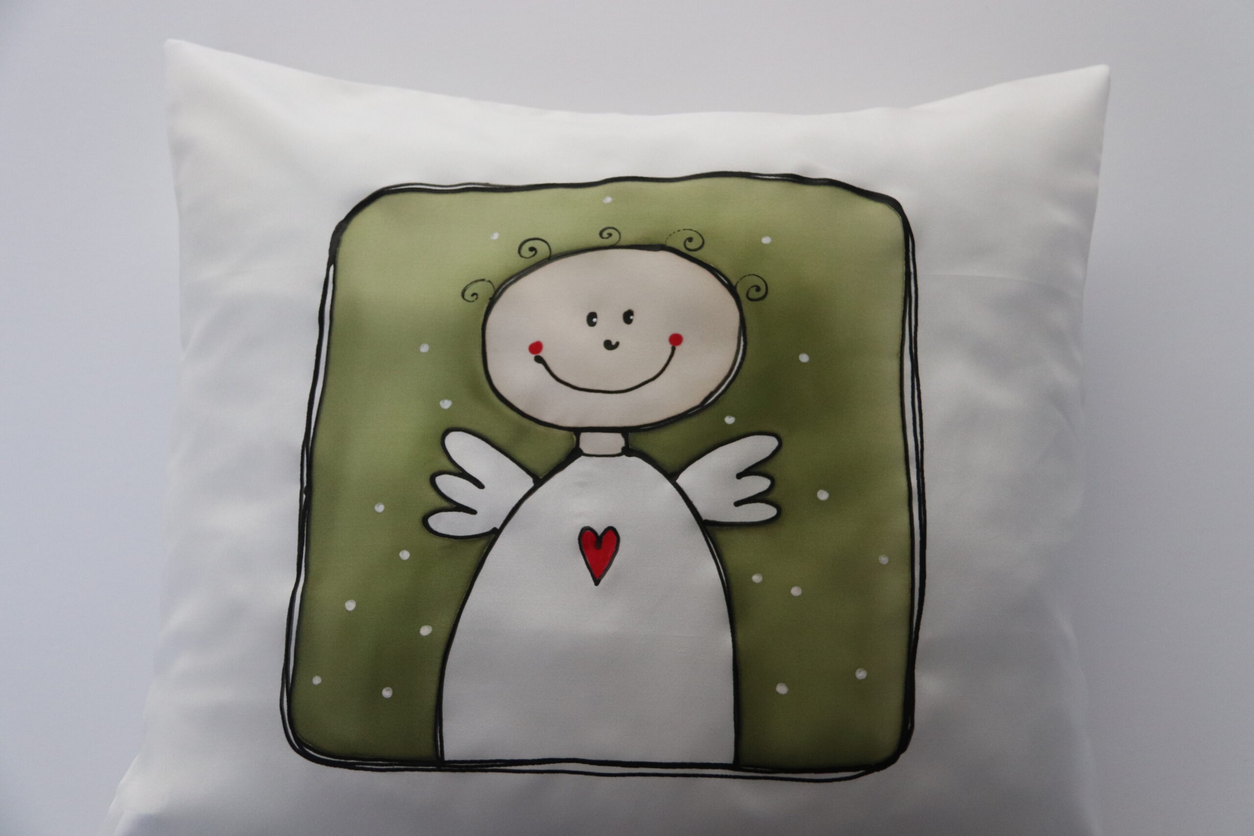 Maľovaná hodvábna obliečka ANJEL zelený
